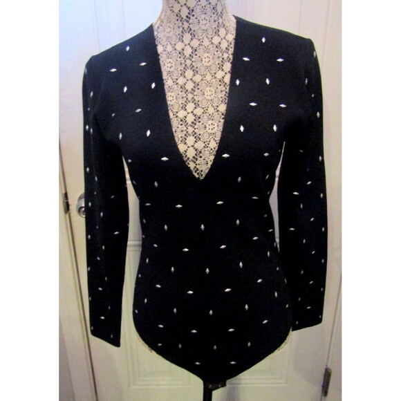 Zara Bodysuit NWT Black V Neck Silver Studded Knit Sweater Womens Size L - Picture 3 of 10